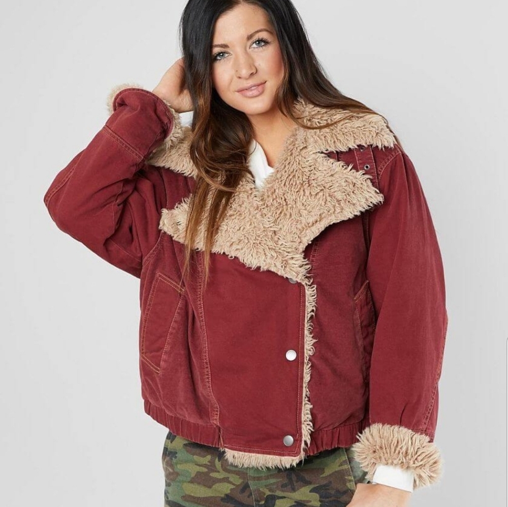 Free People Owen Denim Burgundy Red Sherpa Jacket Oversized